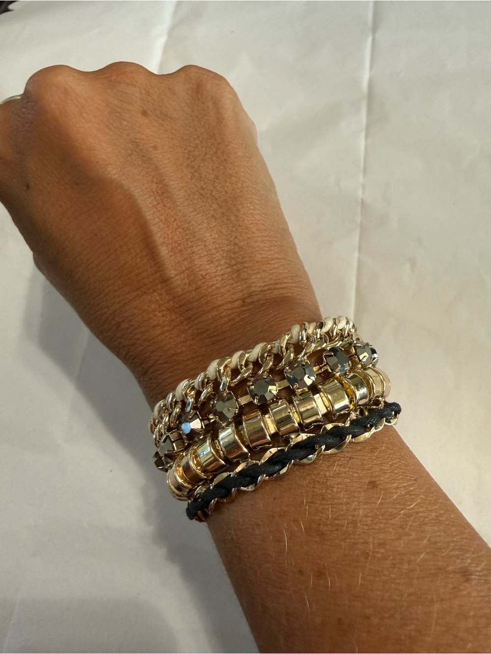 Express Mixed Chain & Rhinestone Multi Strand Bracelet Stack Boho Chic Gold Tone